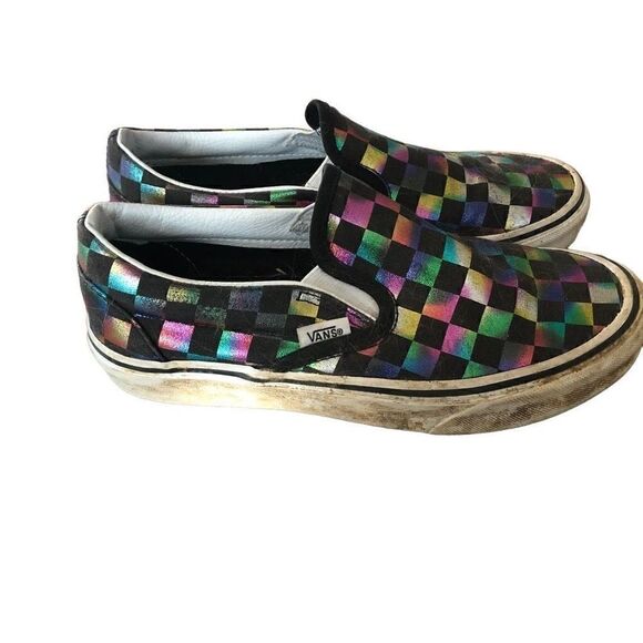 Vans Sk8 Classic Slip On Checkered Iridescent Rainbow Women's 6.5 - Picture 2 of 5